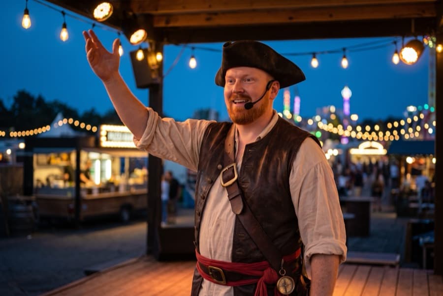 Kvartermesteren på scenen med bøylemikrofon og løftet arm